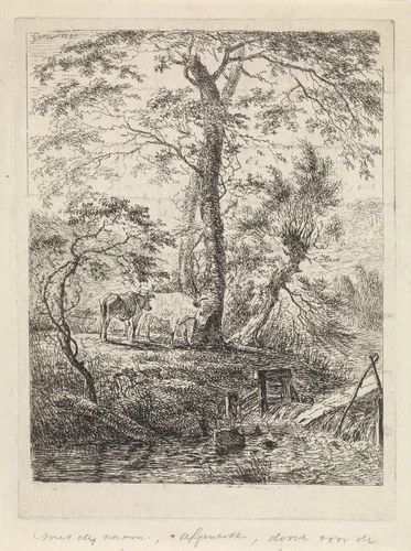 Landschap met twee koeien bij bomen en een beek by Gerard van Nijmegen, print, 1790