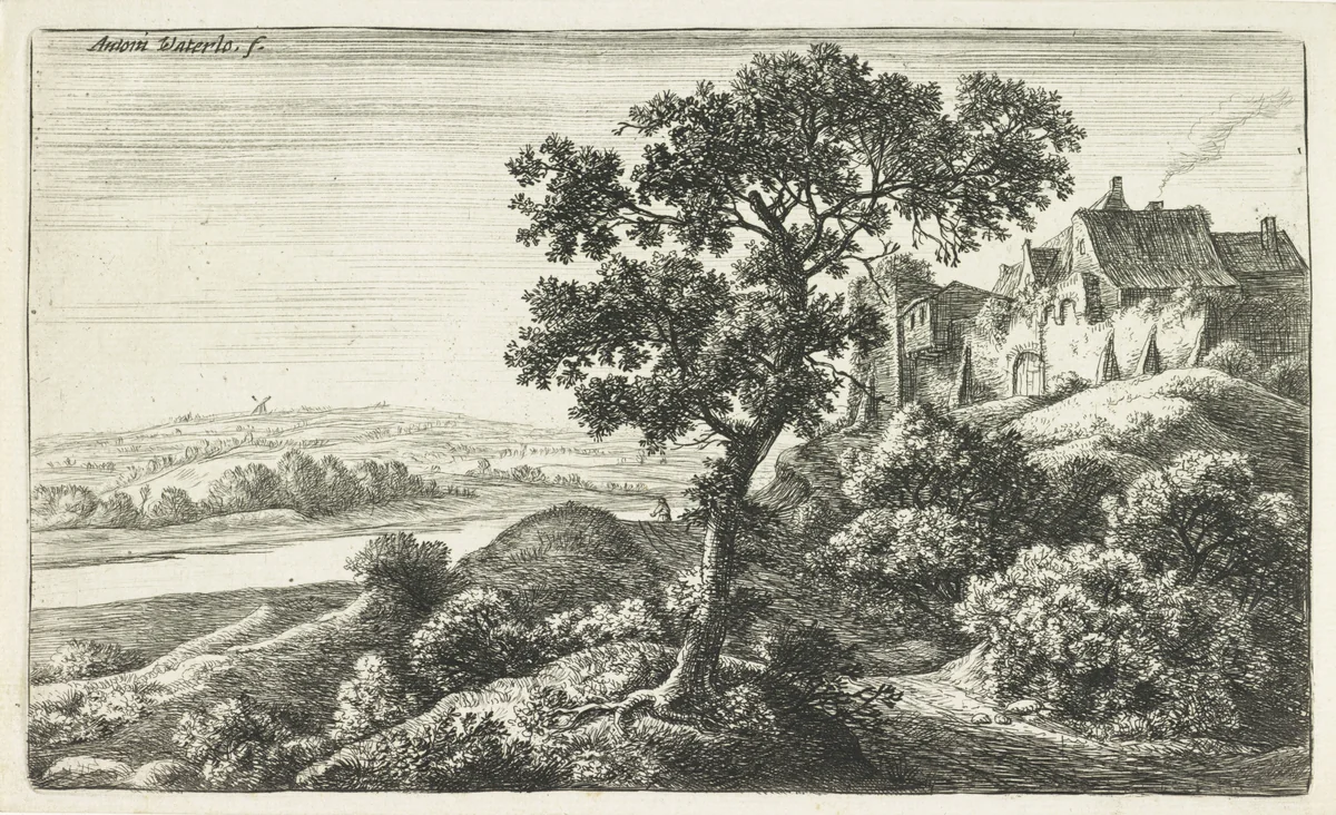 Dorp op een heuvel by Anthonie Waterloo, print, 1630-1663