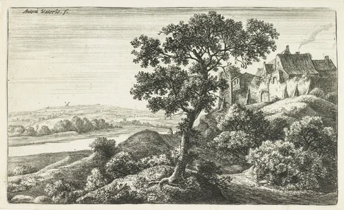 Dorp op een heuvel by Anthonie Waterloo, print, 1630-1663