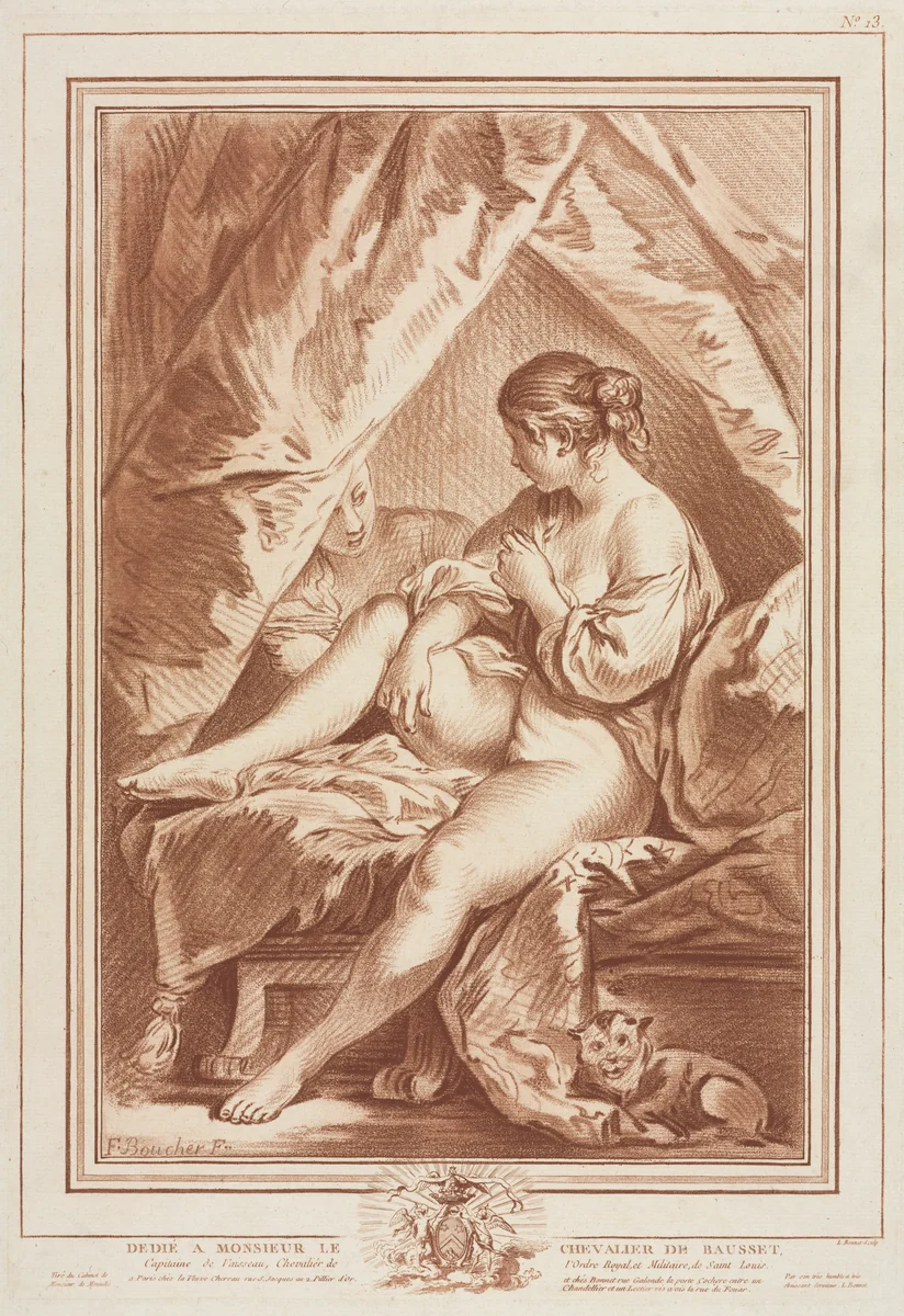 Young Woman Seated on a Bed by Louis Marin Bonnet, print, 1754-1764