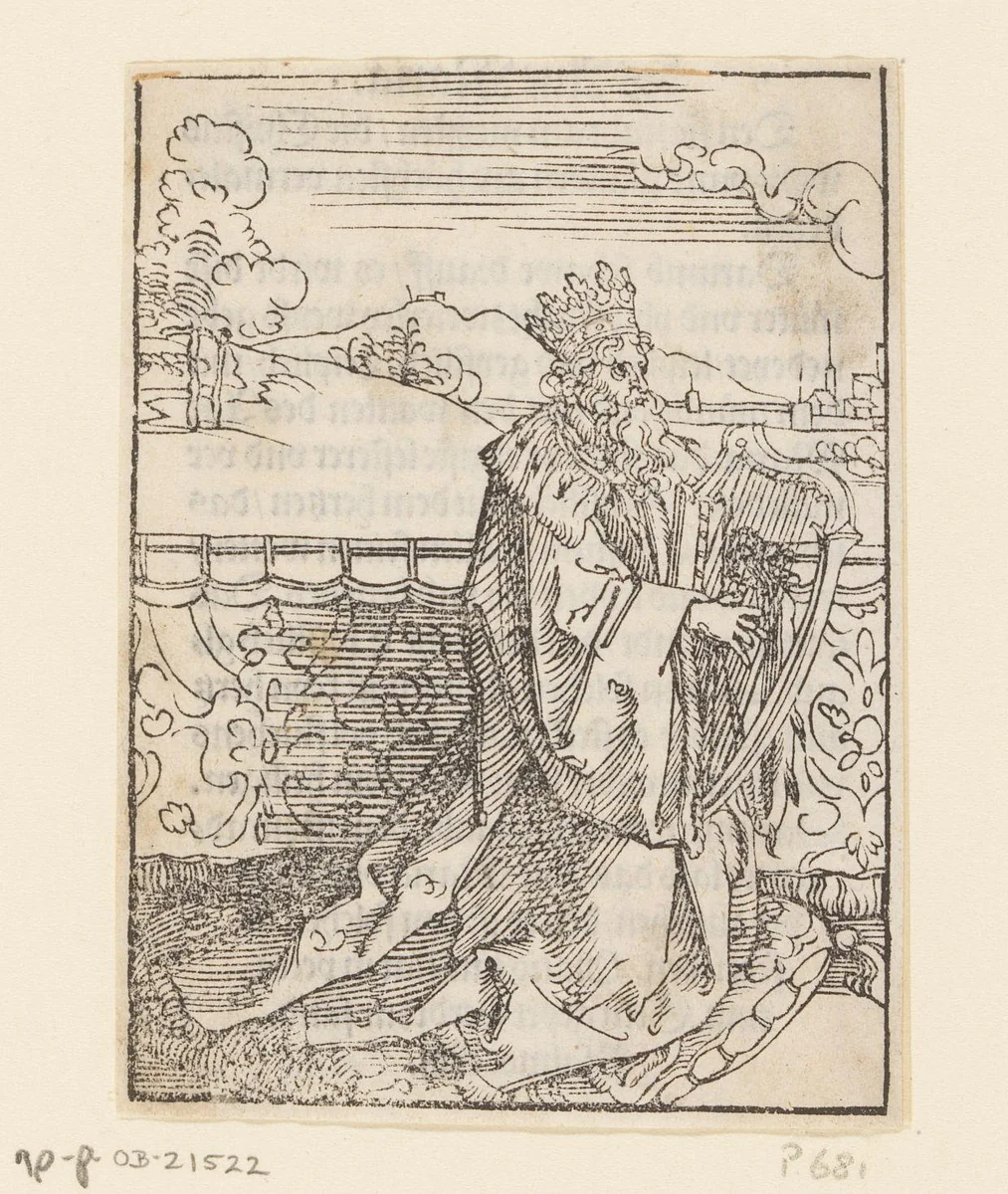 David spelend op de harp by anonymous, print, 1527