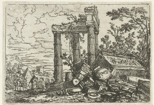 Ruïnelandschap met de vlucht naar Egypte by Jonas Umbach, print, 1634-1693