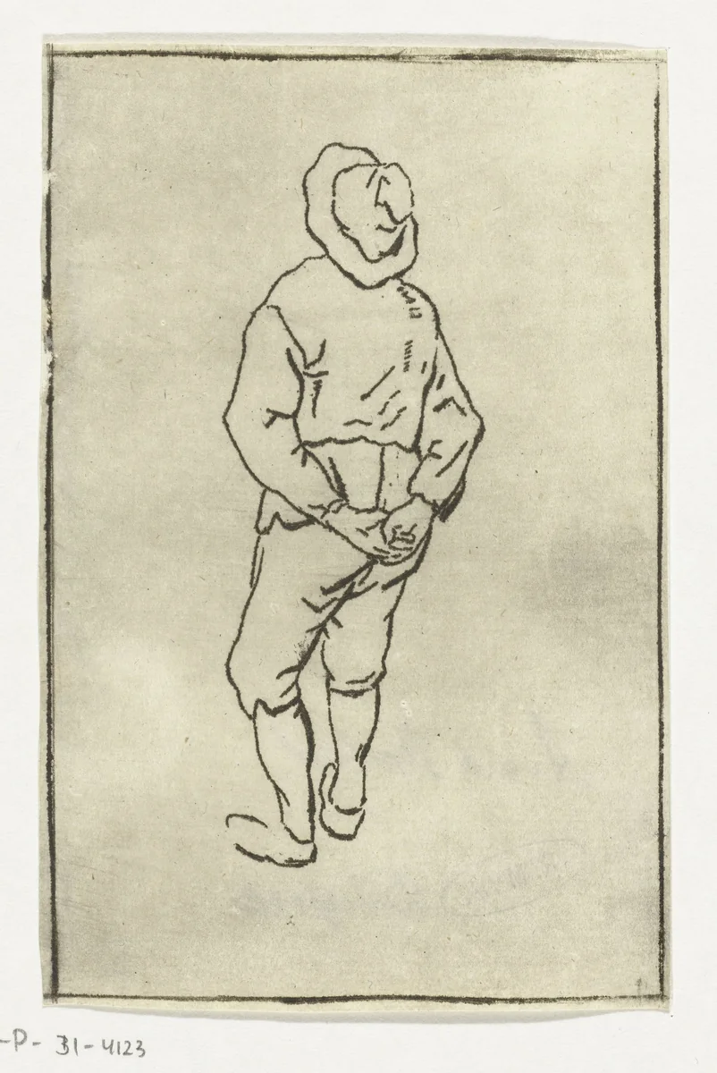 Man met handen op de rug en hoed by Anthonie van den Bos, print, 1778-1838