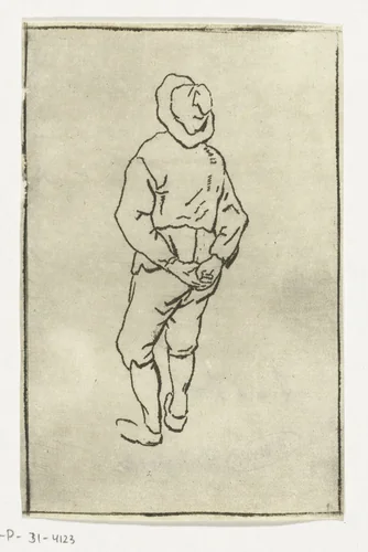 Man met handen op de rug en hoed by Anthonie van den Bos, print, 1778-1838