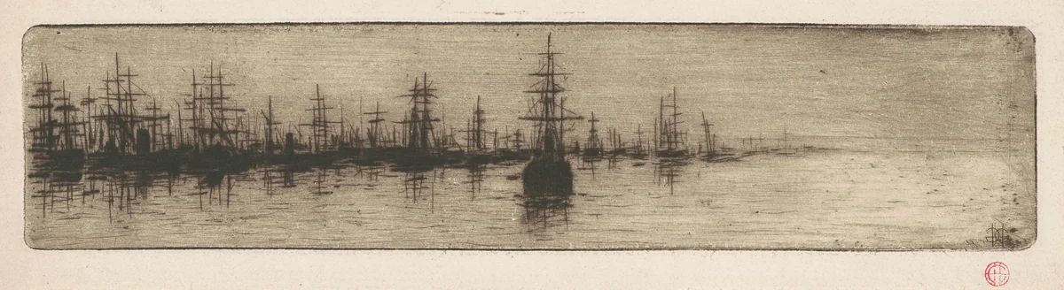 Tall Ships in a Harbor by Henri-Charles Guérard, print, 1875-1885