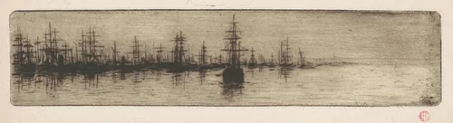 Tall Ships in a Harbor by Henri-Charles Guérard, print, 1875-1885