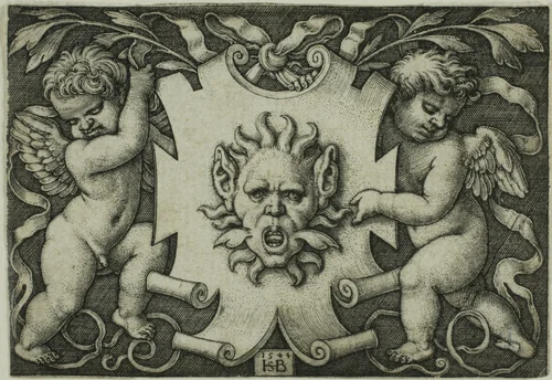 Ornament with a Mask Held by Two Genii by Sebald Beham, print, 1544