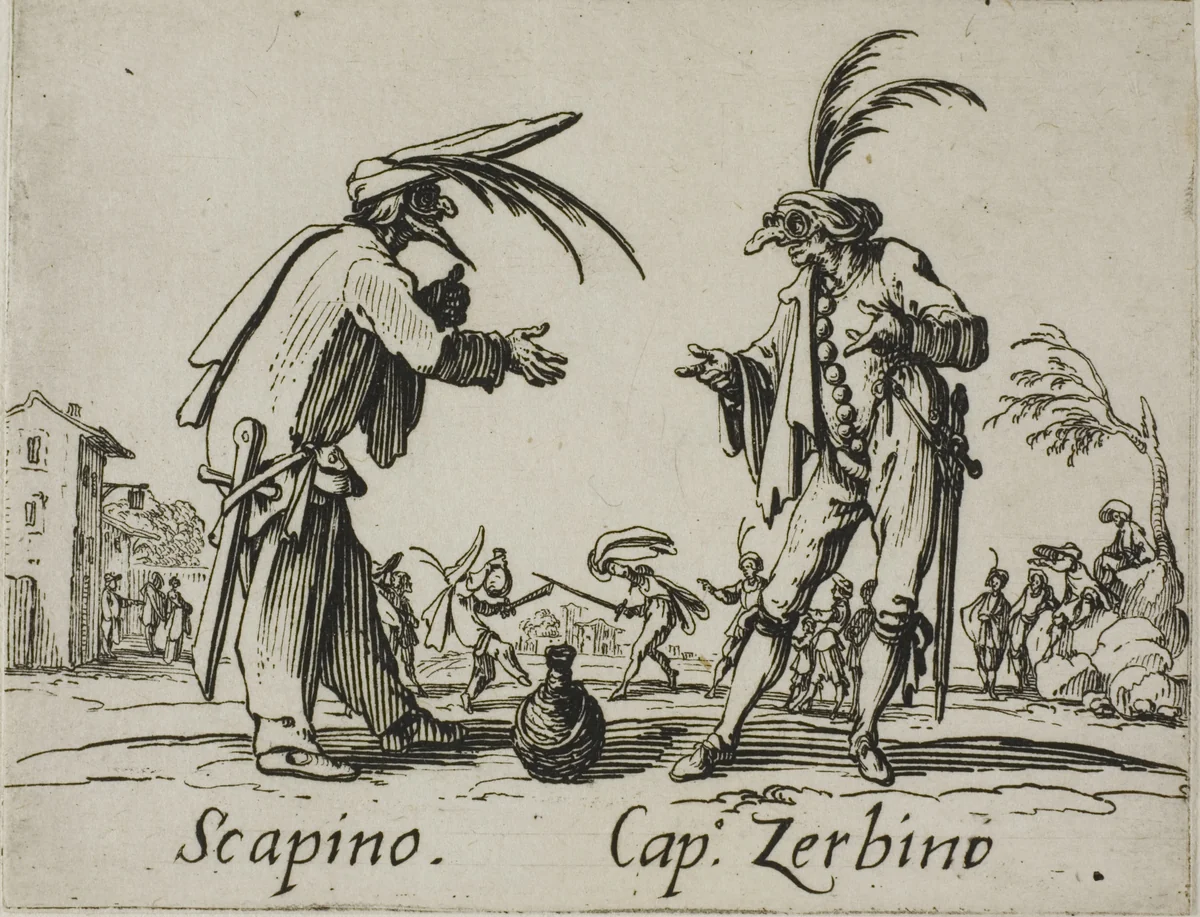 Scapino - Capitano Zerbino, plate 12 from Balli di Sfessania by Jacques Callot, print, 1617-1627