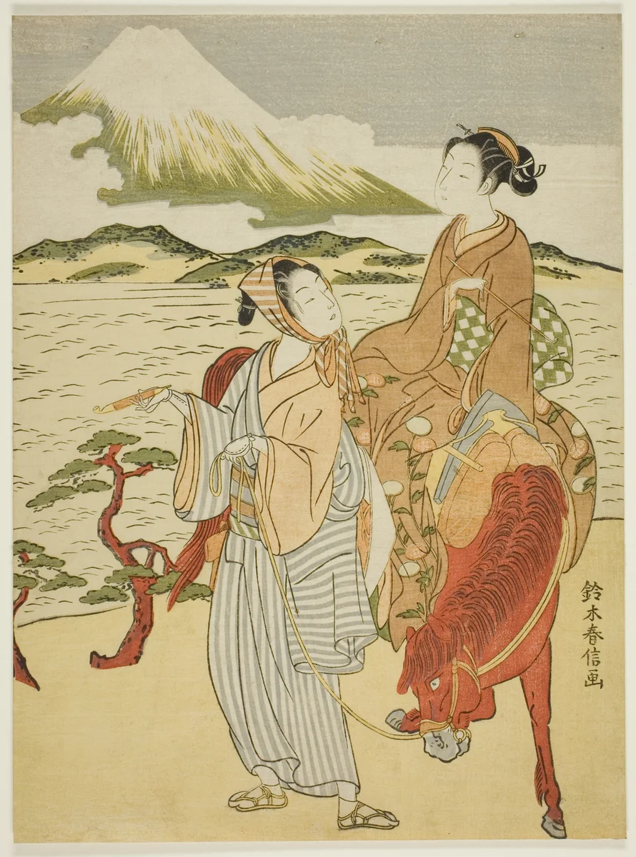 Pausing to admire Mt. Fuji (parody of Ariwara no Narihira's journey to the east) by Suzuki Harunobu (鈴木春信), print, 1763-1770