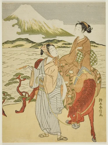 Pausing to admire Mt. Fuji (parody of Ariwara no Narihira's journey to the east) by Suzuki Harunobu (鈴木春信), print, 1763-1770