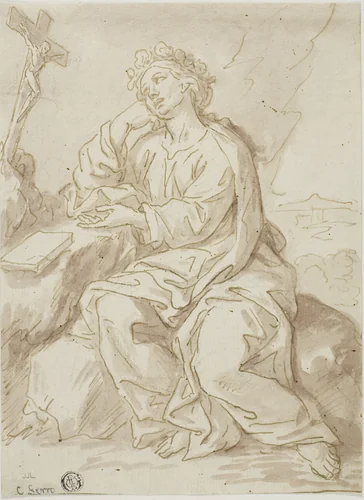 Saint Dorothy Praying in Desert by Ciro Ferri, drawing, 1600-1699