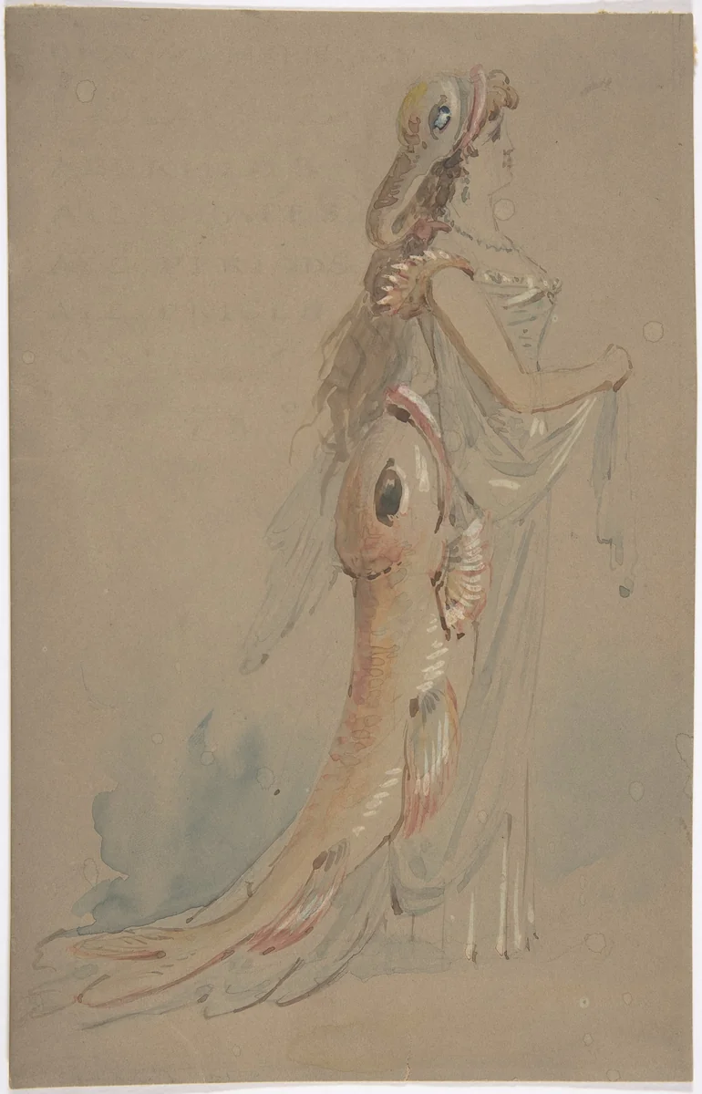 Woman Wearing a Costume Whose Bustle and Headdress are the Shape of Fishes by anonymous, drawing, 1850-1899
