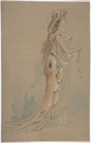 Woman Wearing a Costume Whose Bustle and Headdress are the Shape of Fishes by anonymous, drawing, 1850-1899
