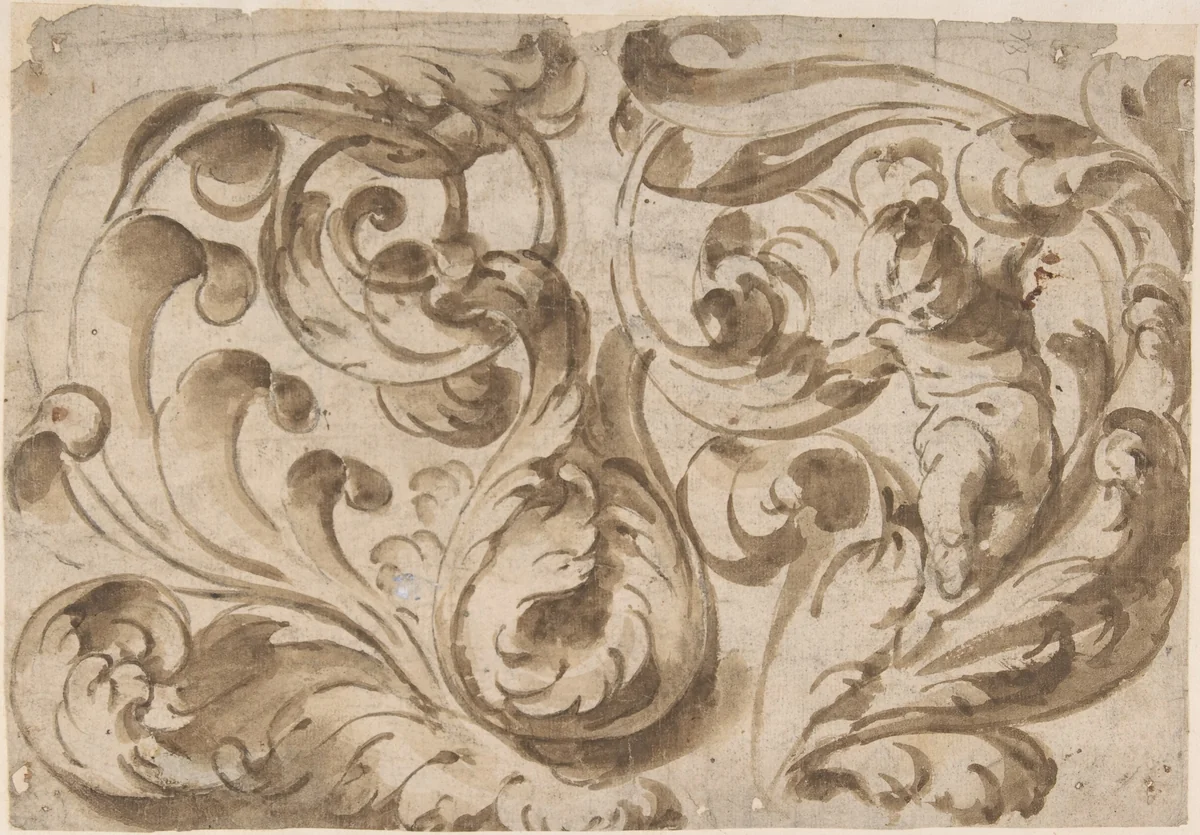 Overall Pattern with Acanthus Scrolls and a Chubby Putto by anonymous, drawing, 1600-1699