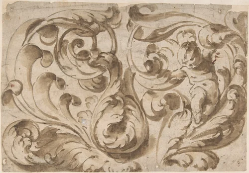 Overall Pattern with Acanthus Scrolls and a Chubby Putto by anonymous, drawing, 1600-1699