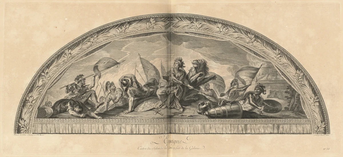 L'Espagne Cintre du Salon de la Guerre en face de la Galerie (Spain, Center of the Salon of War Opposite the Gallery) [pl. 38] by Jean-Baptiste Massé; Charles Dupuis; Charles Le Brun, print, 1752
