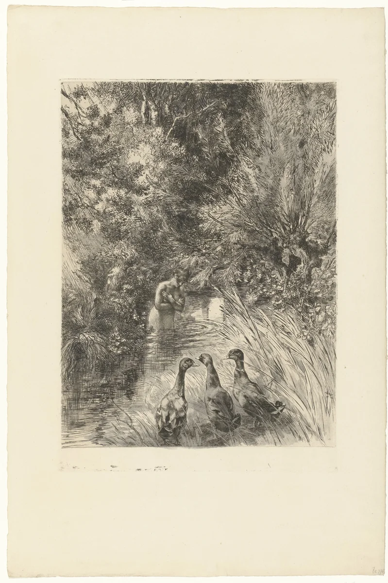 Badende vrouw en drie eenden op de oever by Félix Bracquemond, print, 1882