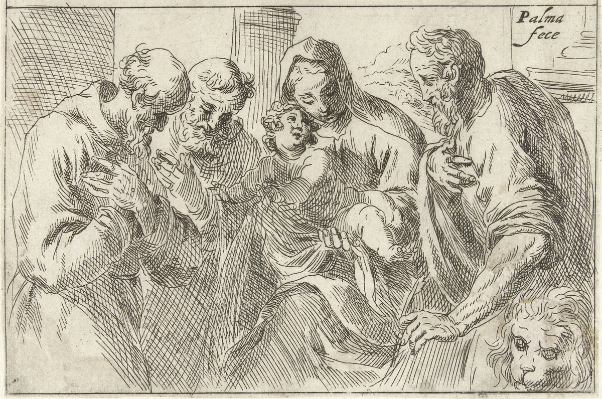 De heilige familie met Hieronymus en Franciscus by Unknown, print, 1554-1611