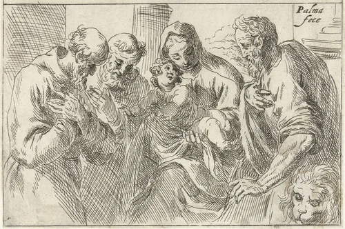 De heilige familie met Hieronymus en Franciscus by Unknown, print, 1554-1611