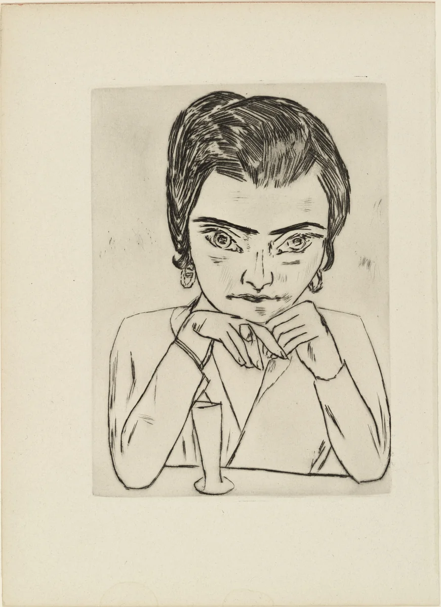 Portrait of Naila Leaning on her Arms, with Glass (Bildnis Naila mit aufgestützten Armen und Glas) from the illustrated book Max Beckmann by Max Beckmann, print, 1923