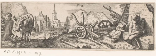 Staande ezel en twee slapende mannen met dorpsgezicht by anonymous, print, 1596-1652