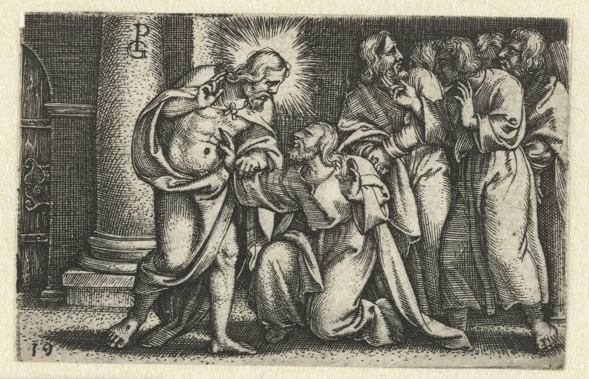 Ongelovige Thomas raakt wonden Christus aan by Unknown, print, 1534-1535
