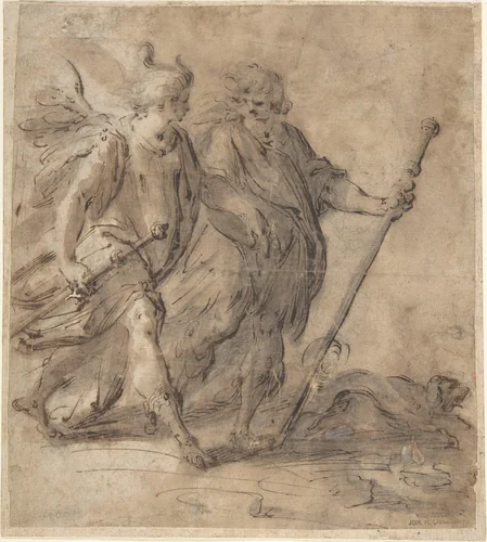 Tobias and the Angel by Hans von Aachen, drawing, 1552-1616