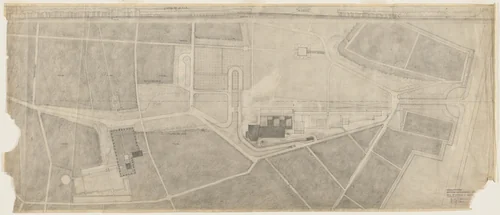 Woodland Crematorium, Woodland Cemetery, Stockholm, Sweden, Site plan and section, final version by Erik Gunnar Asplund, Sigurd Lewerentz, architecture, 1937