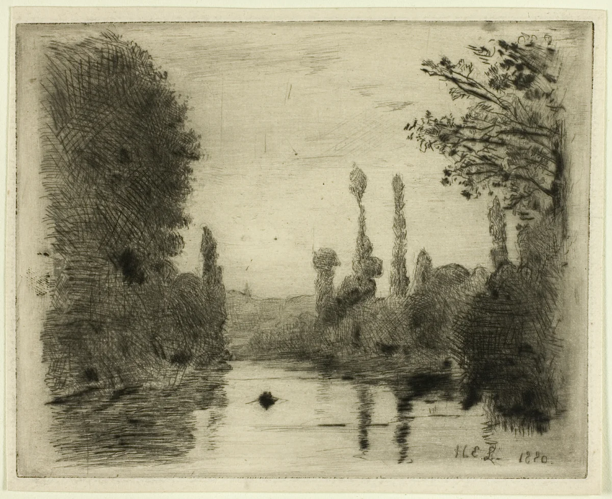 River Scene with Boat (Small plate) by Henri-Emile Lessore, print, 1880