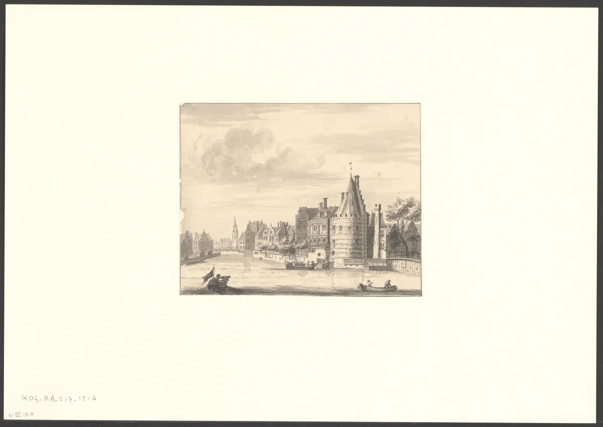 Gezicht op de Kloveniersdoelen aan de Amstel by anonymous, drawing, 1650-1750