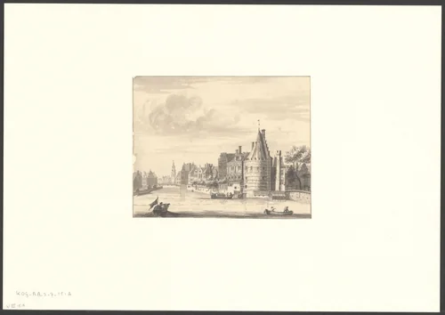 Gezicht op de Kloveniersdoelen aan de Amstel by anonymous, drawing, 1650-1750