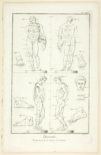 Design: Proportions of the Antinoüs Statue, from Encyclopédie by A. J. Defehrt, print, 1762-1777