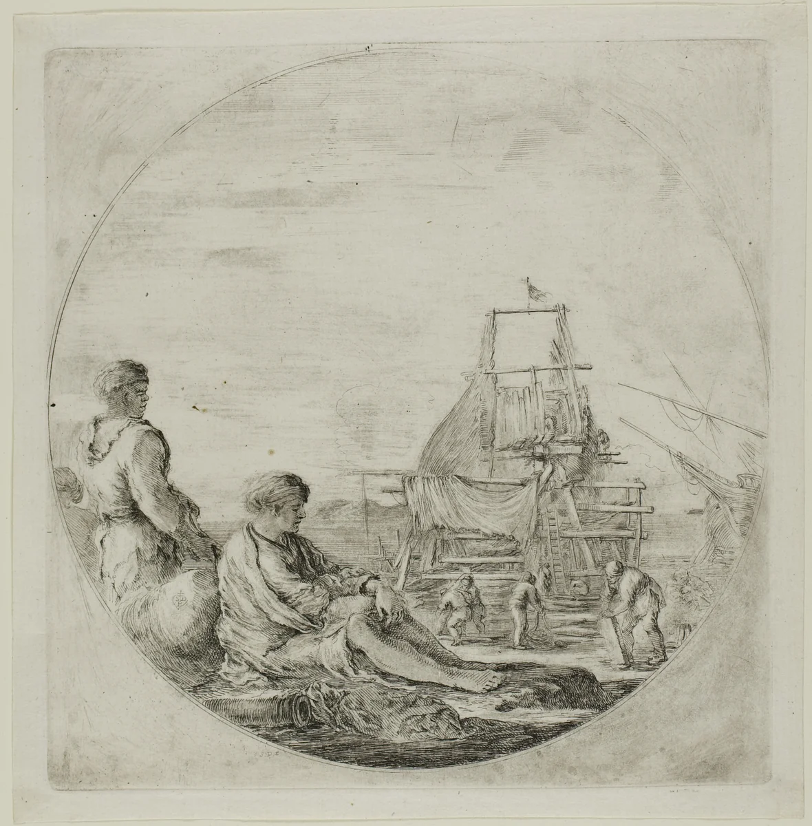 Shipyard with Two Sailors by Stefano della Bella, print, 1630-1664
