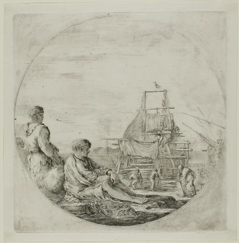 Shipyard with Two Sailors by Stefano della Bella, print, 1630-1664