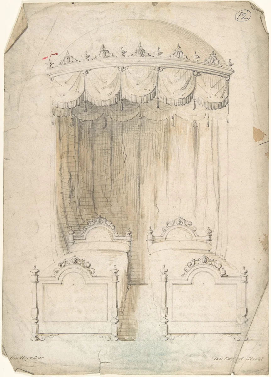 Design for Twin Beds with a Canopy by Charles Hindley and Sons, drawing, 1841-1884