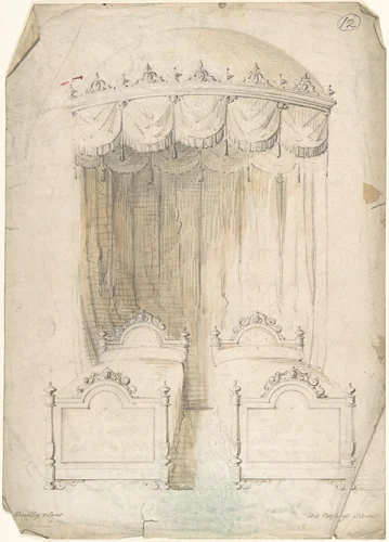 Design for Twin Beds with a Canopy by Charles Hindley and Sons, drawing, 1841-1884