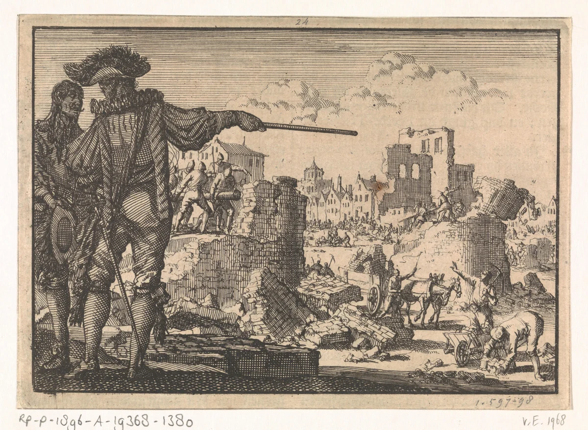 Spinola laat de muren van Mülheim afbreken, 1614 by Jan Luyken, print, 1698