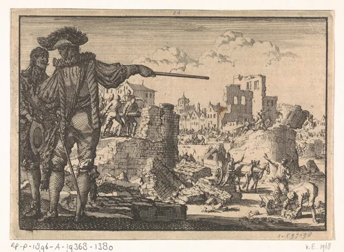 Spinola laat de muren van Mülheim afbreken, 1614 by Jan Luyken, print, 1698