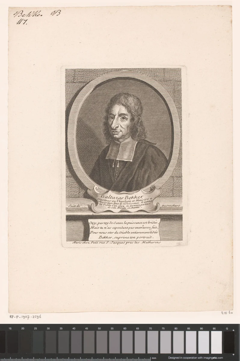 Portret van Balthasar Bekker by Étienne Desrochers, print, 1726