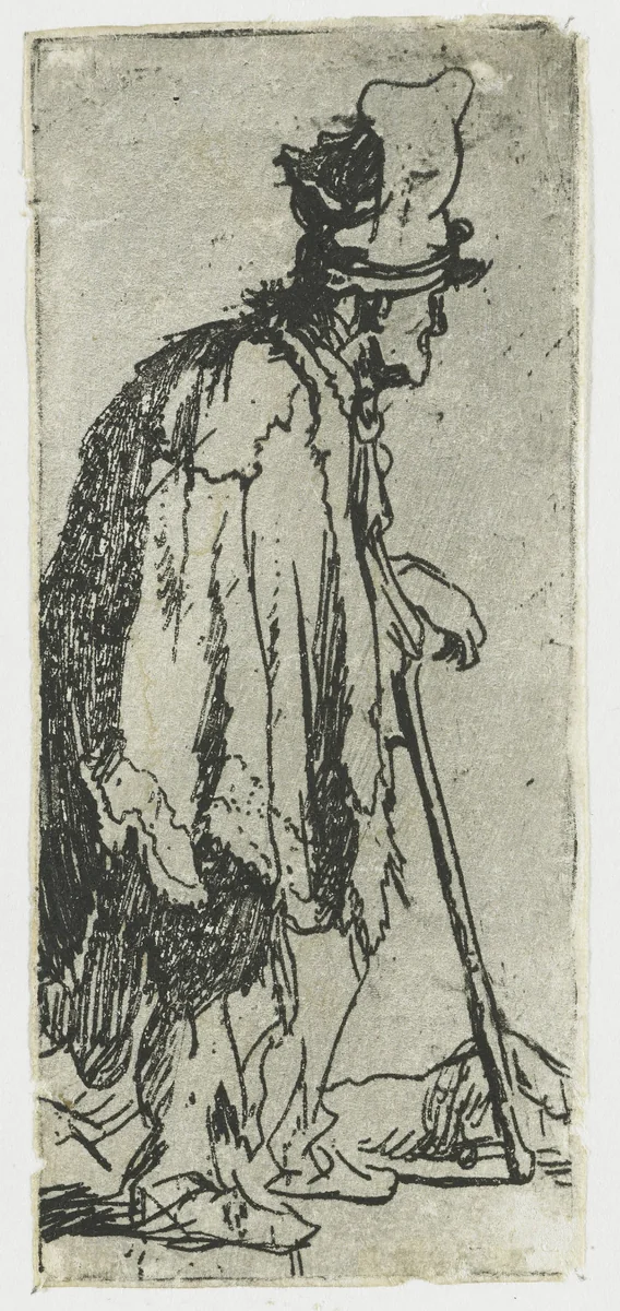 Bedelaar met verminkte hand, leunend op een stok by Rembrandt van Rijn, print, 1629