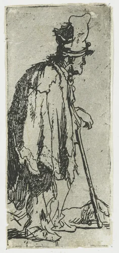 Bedelaar met verminkte hand, leunend op een stok by Rembrandt van Rijn, print, 1629