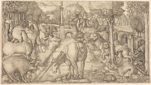 The Unicorn Purifies the Water with Its Horn by Jean Duvet, print, 1555-1561