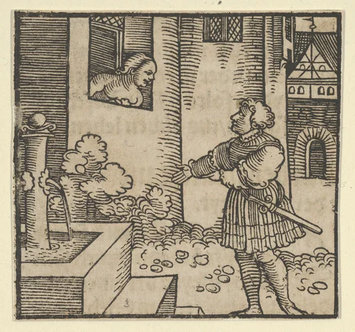 Ghita Locking out her Husband Tofano, from The Decameron by Hans Schäufelein, print, 1534
