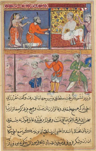 The prince sent back to the place of execution for the sixth time, from a Tuti-nama (Tales of a Parrot): Eighth Night by Suraju, painting, 1555-1565