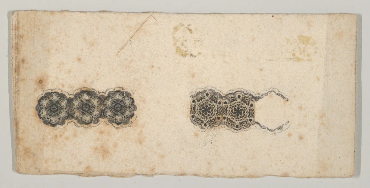 Banknote motif: two bands of ornamental lathe work resembling florets and hexagons by Cyrus Durand, print, 1819-1847