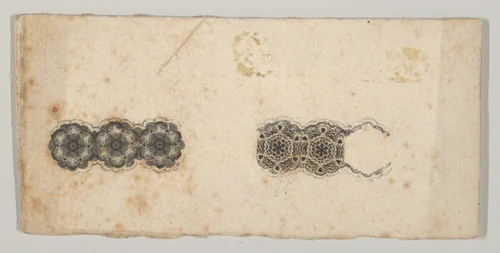 Banknote motif: two bands of ornamental lathe work resembling florets and hexagons by Cyrus Durand, print, 1819-1847