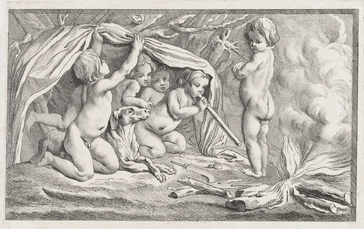 Nude children and a dog warming themselves by a fire; an allegory of Winter, after a bas-relief on the Fontaine des Quatre-Saisons (Paris) by anonymous, print, 1745-1800