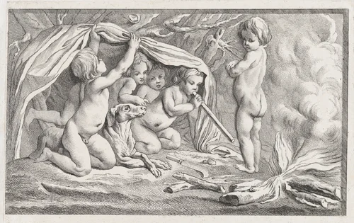 Nude children and a dog warming themselves by a fire; an allegory of Winter, after a bas-relief on the Fontaine des Quatre-Saisons (Paris) by anonymous, print, 1745-1800