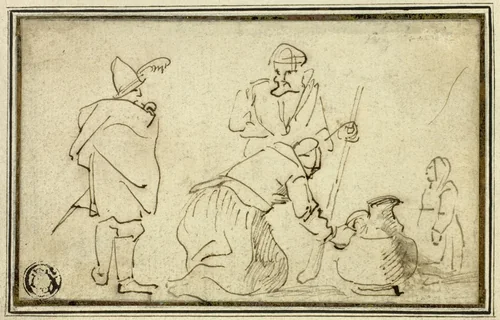 Two Soldiers, Woman with Jug and Child by Adriaen Brouwer, drawing, 1625-1638