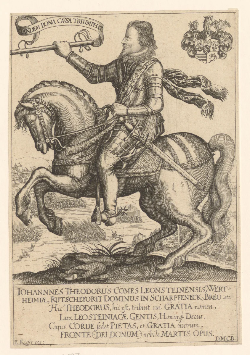 Portret van Johan Theodor Löwenstein te paard by Eberhard Kieser, print, 1593-1625